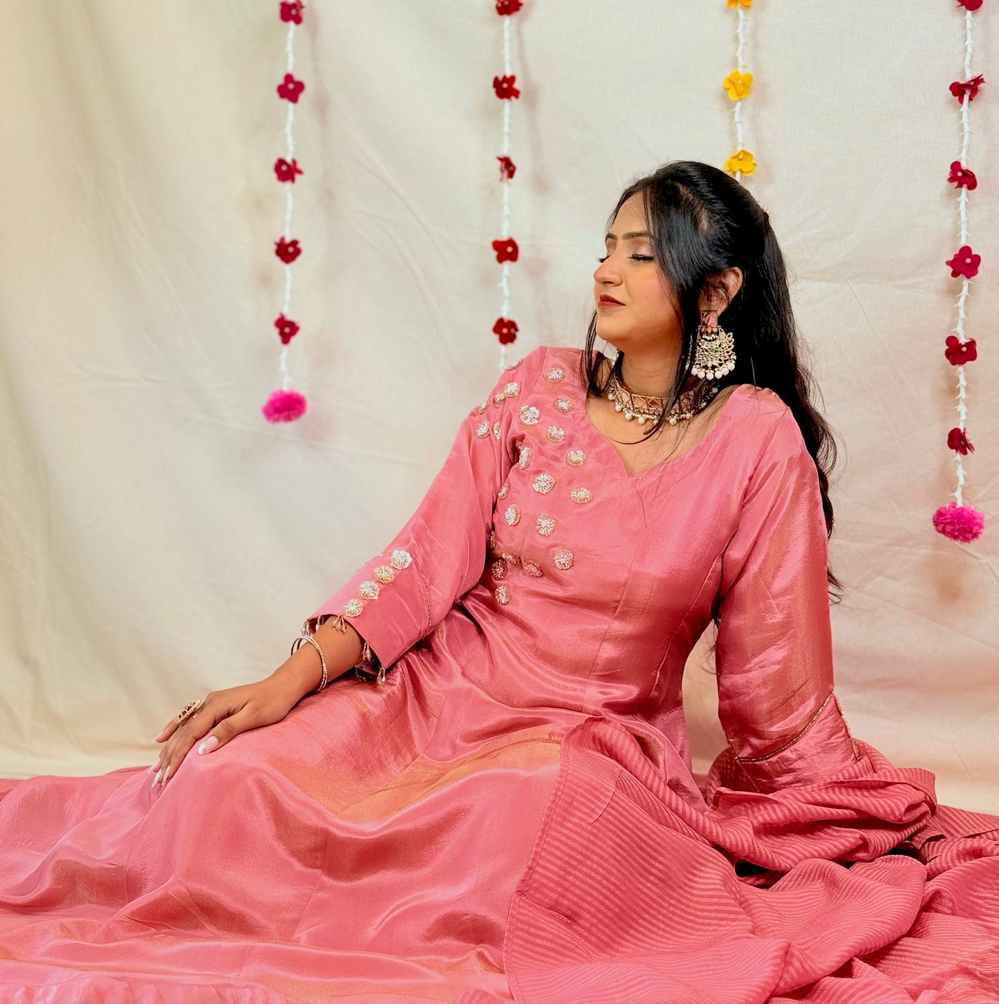 Blush Pink Anarkali Set with Embellished Yoke & Striped Dupatta