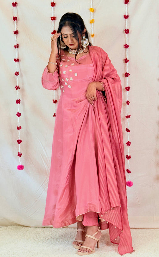 Blush Pink Anarkali Set with Embellished Yoke & Striped Dupatta