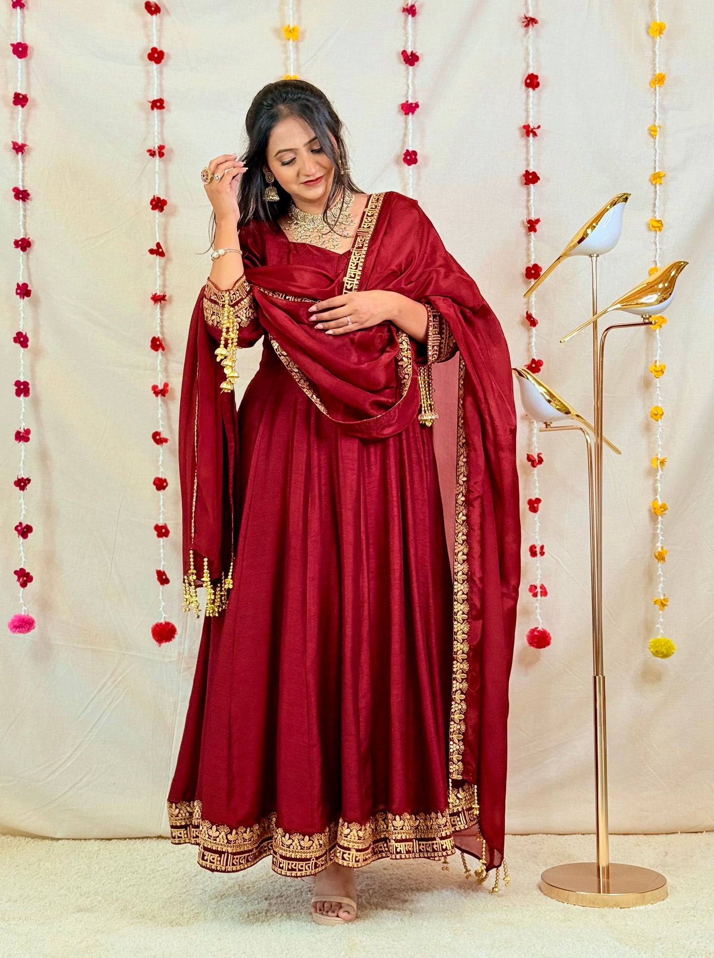 Maroon Anarkali Suit with Golden Embellished Border & Dupatta