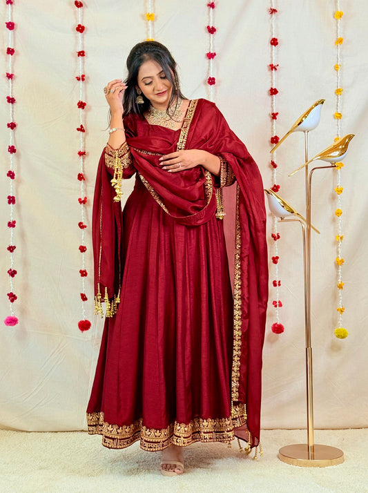 Maroon Anarkali Suit with Golden Embellished Border & Dupatta