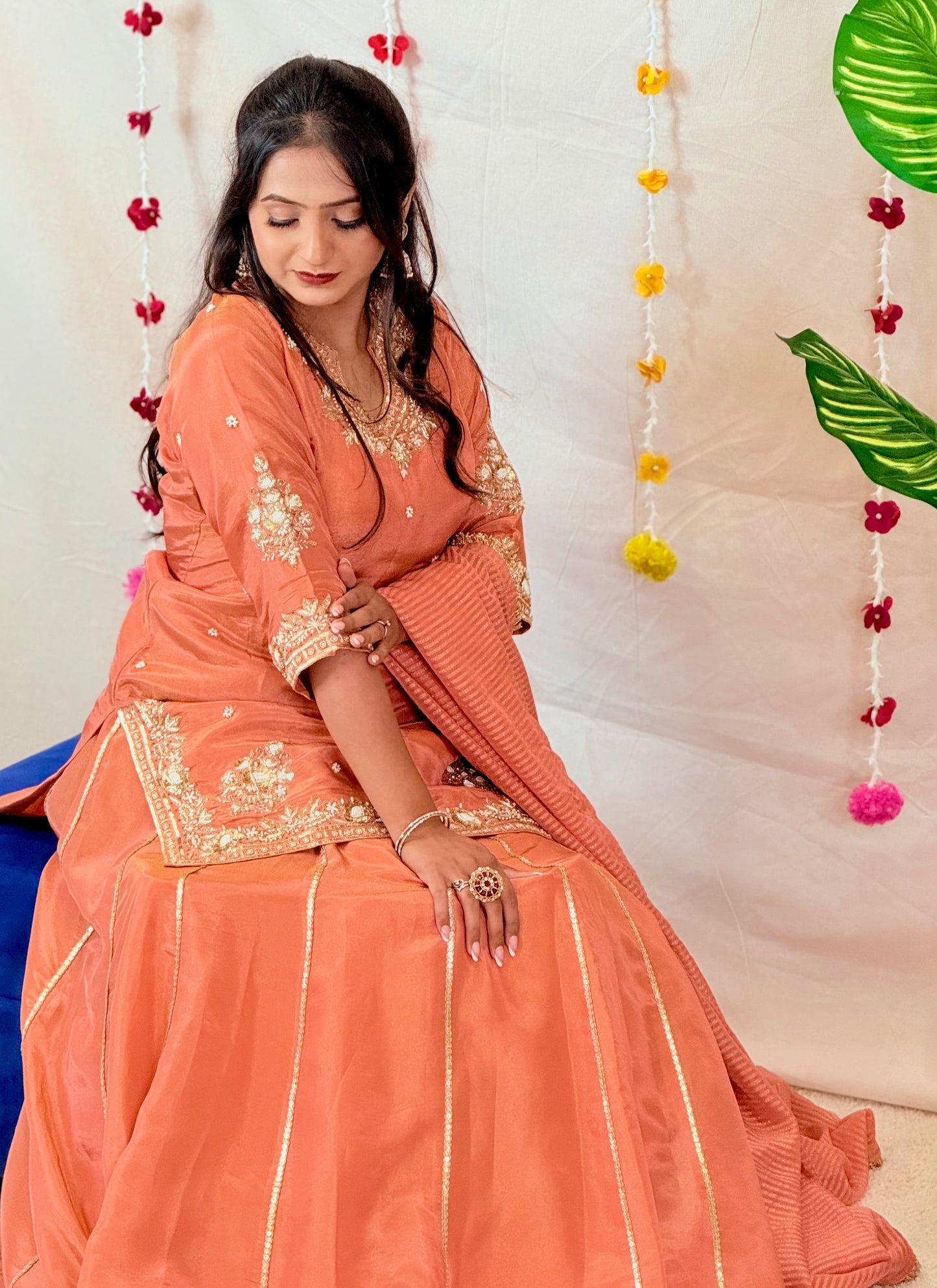 Peach Embroidered Kurta with Lehenga & Dupatta