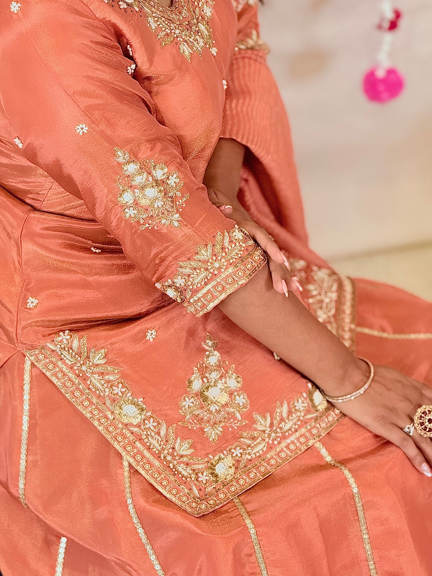 Peach Embroidered Kurta with Lehenga & Dupatta
