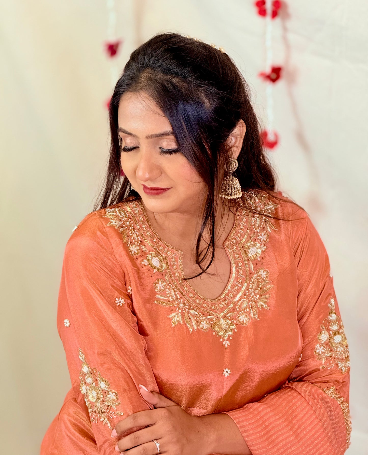 Peach Embroidered Kurta with Lehenga & Dupatta
