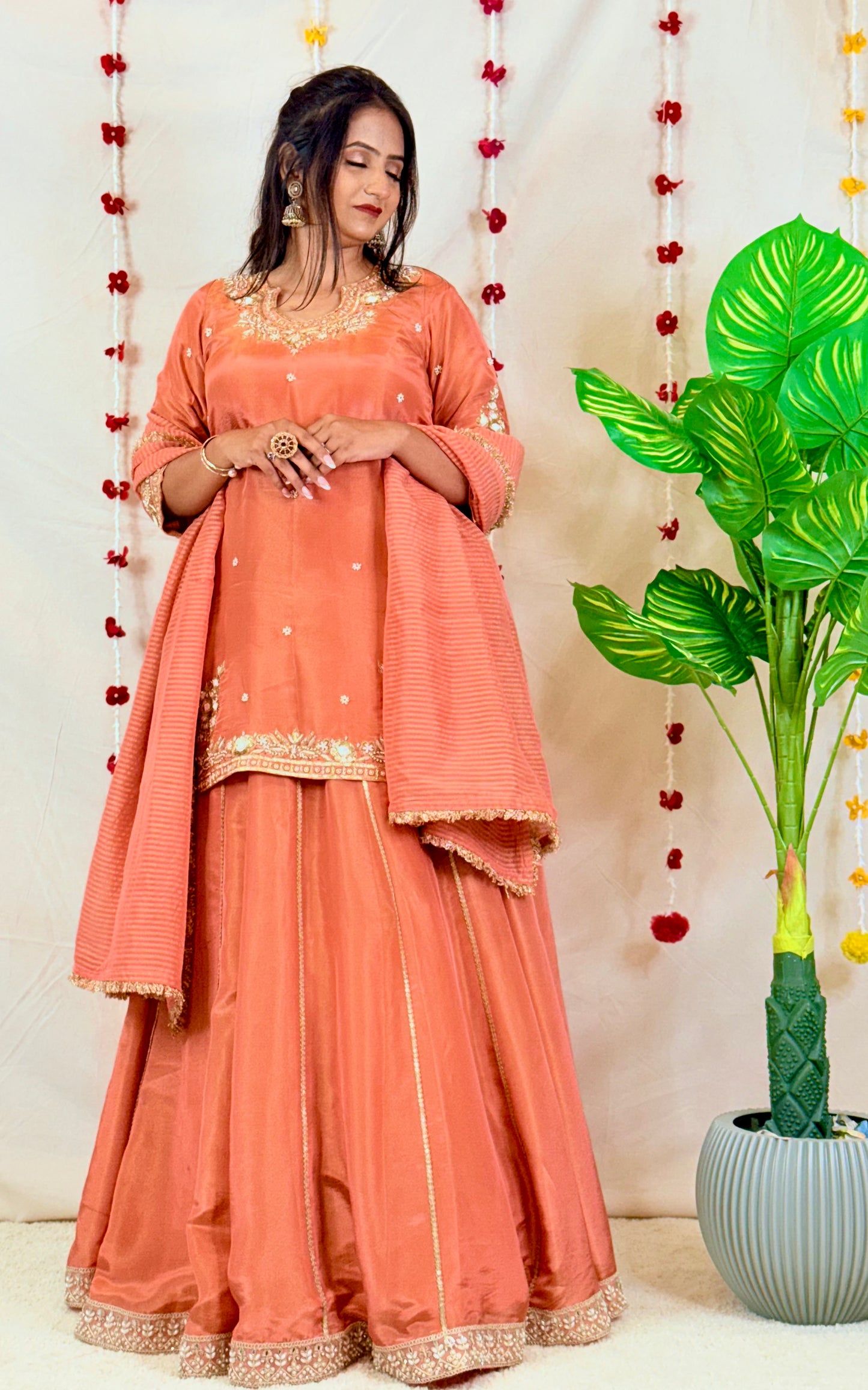 Peach Embroidered Kurta with Lehenga & Dupatta
