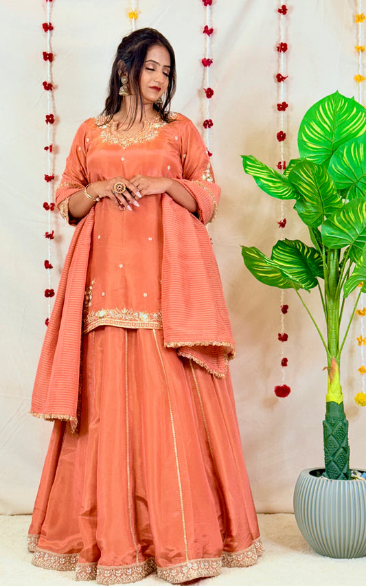 Peach Embroidered Kurta with Lehenga & Dupatta