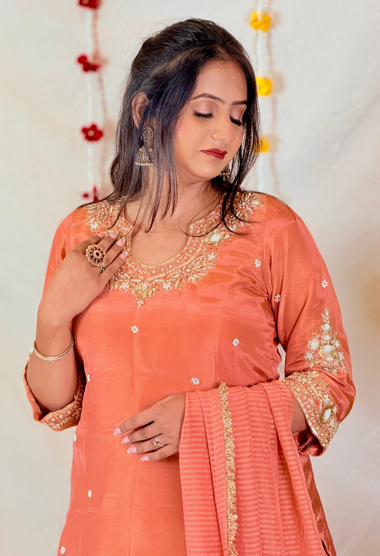 Peach Embroidered Kurta with Lehenga & Dupatta