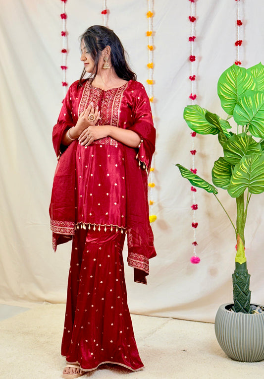 Maroon Sharara Set with Embroidered Kurta & Dupatta