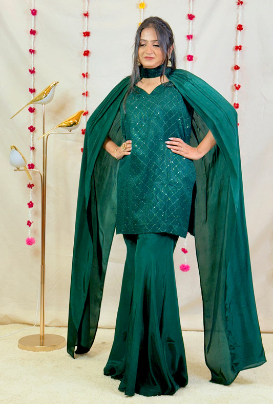 Dark Green Sequin Cape Style Sharara Set