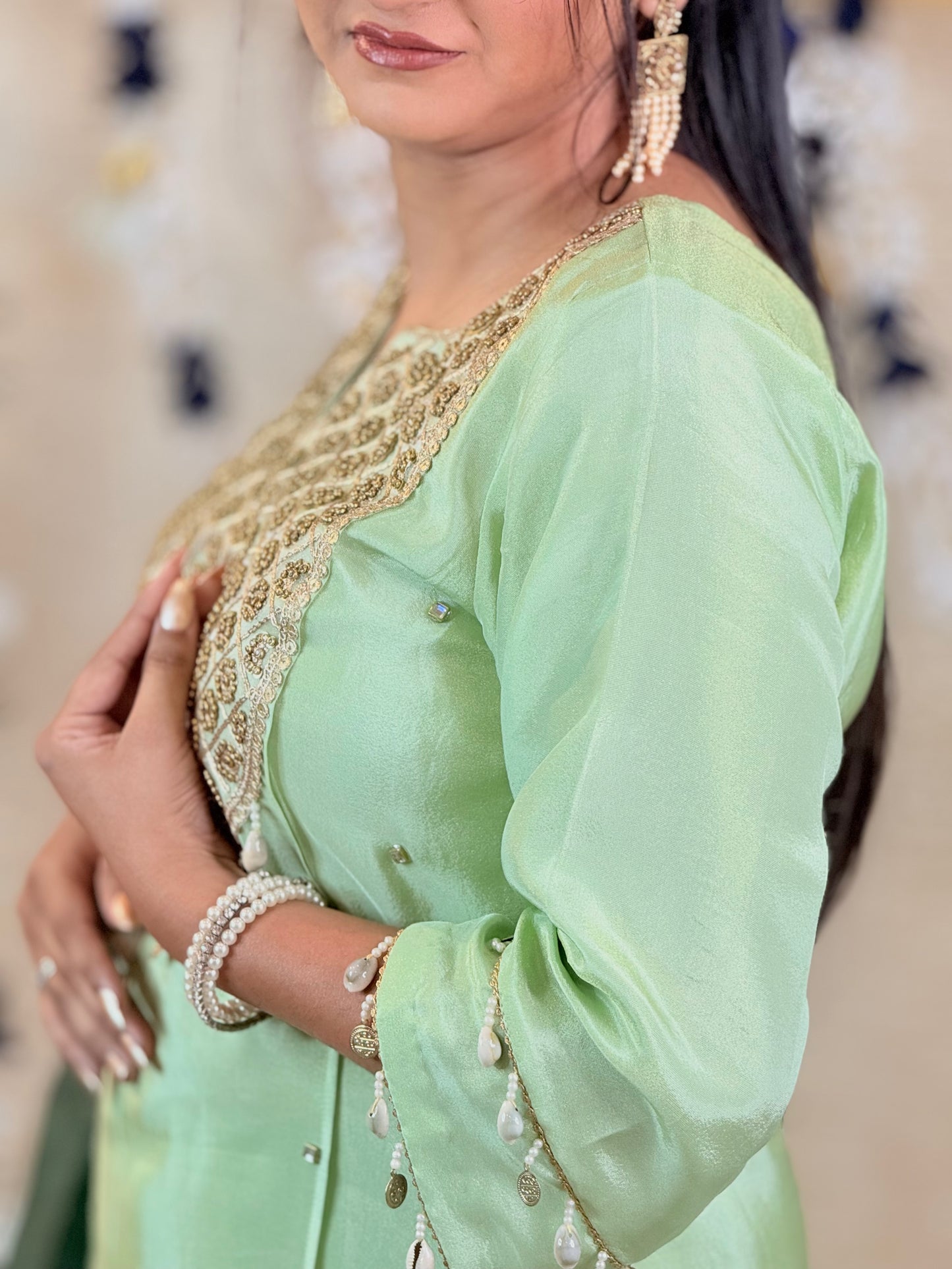 Pista Green Kurta Set with Bottle Green Dupatta