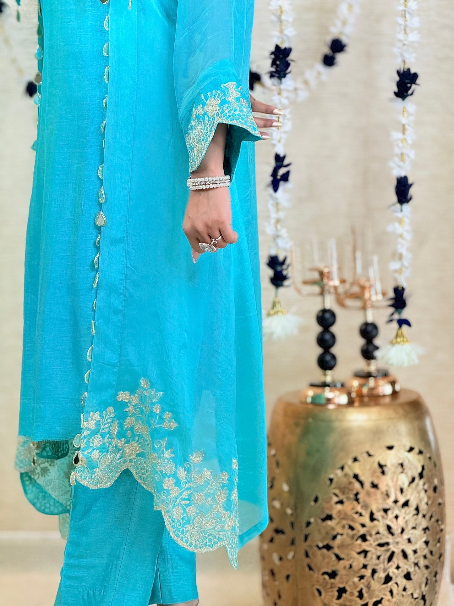 Aqua Blue Plain Kurta Set with Embroidered Long Shrug