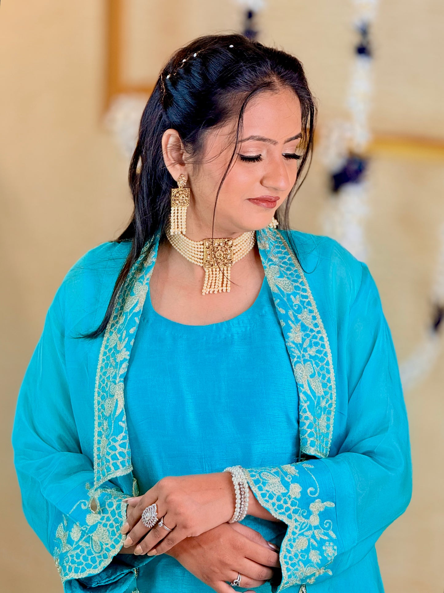 Aqua Blue Plain Kurta Set with Embroidered Long Shrug