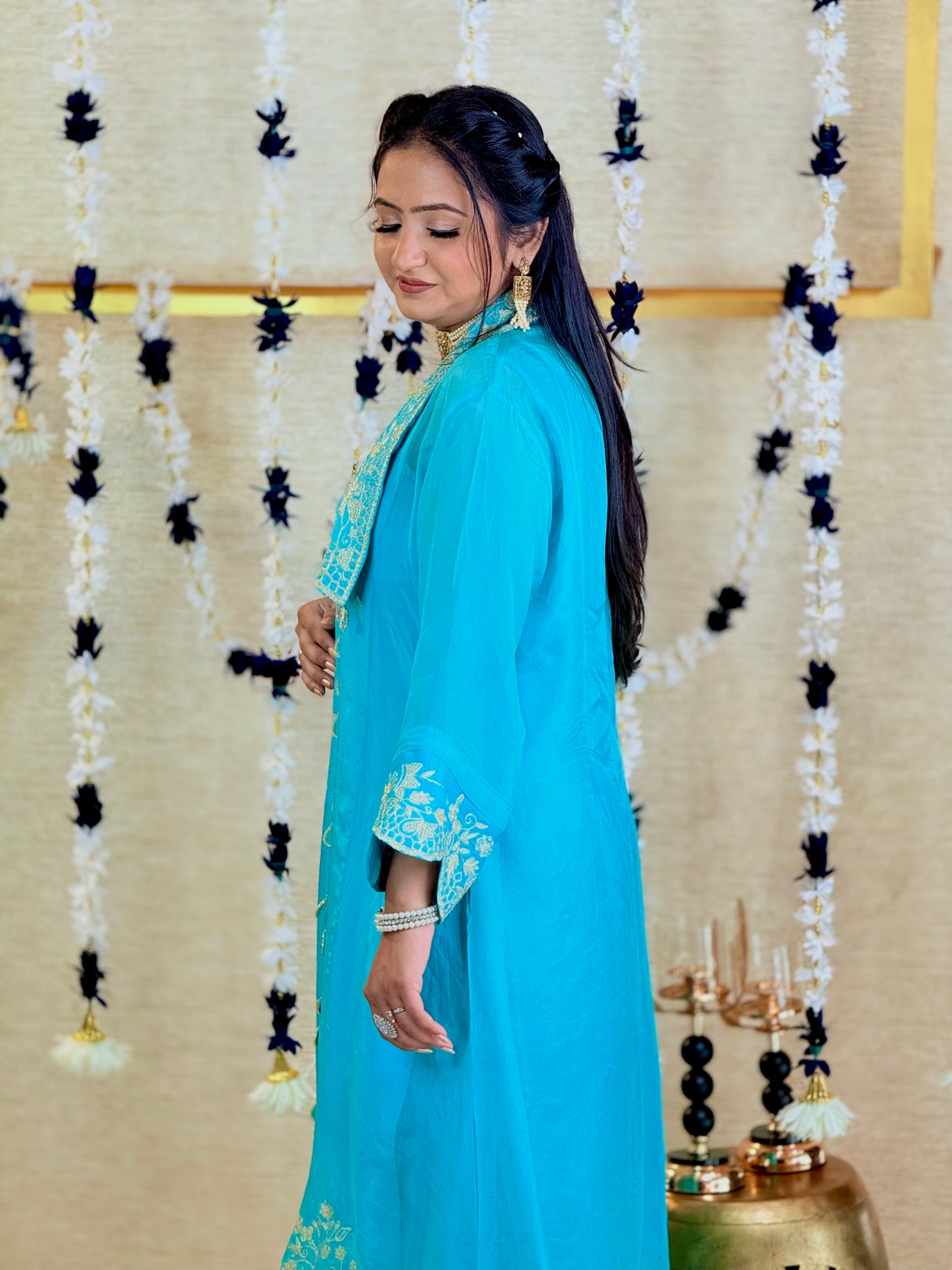 Aqua Blue Plain Kurta Set with Embroidered Long Shrug
