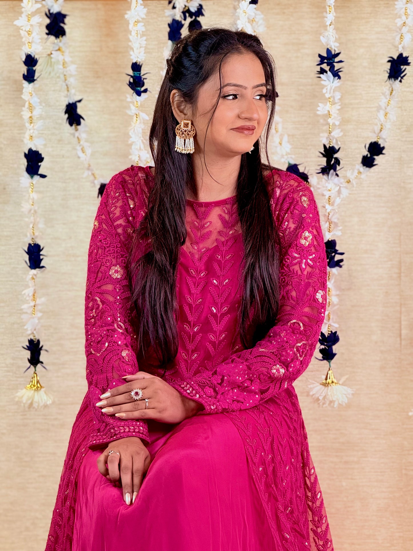 Magenta Pink Achkan-Style Embroidered Long Kurta with Skirt