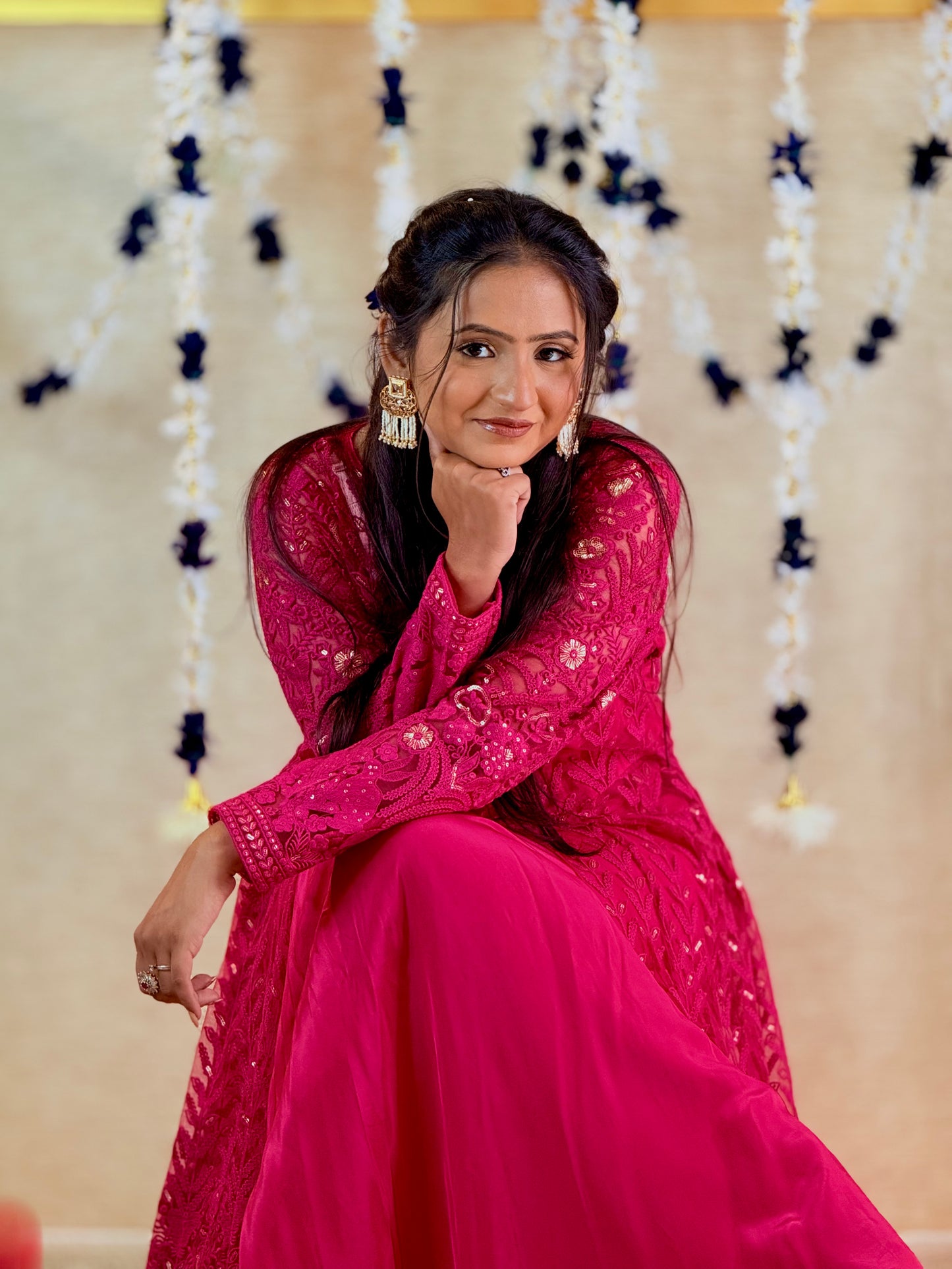 Magenta Pink Achkan-Style Embroidered Long Kurta with Skirt