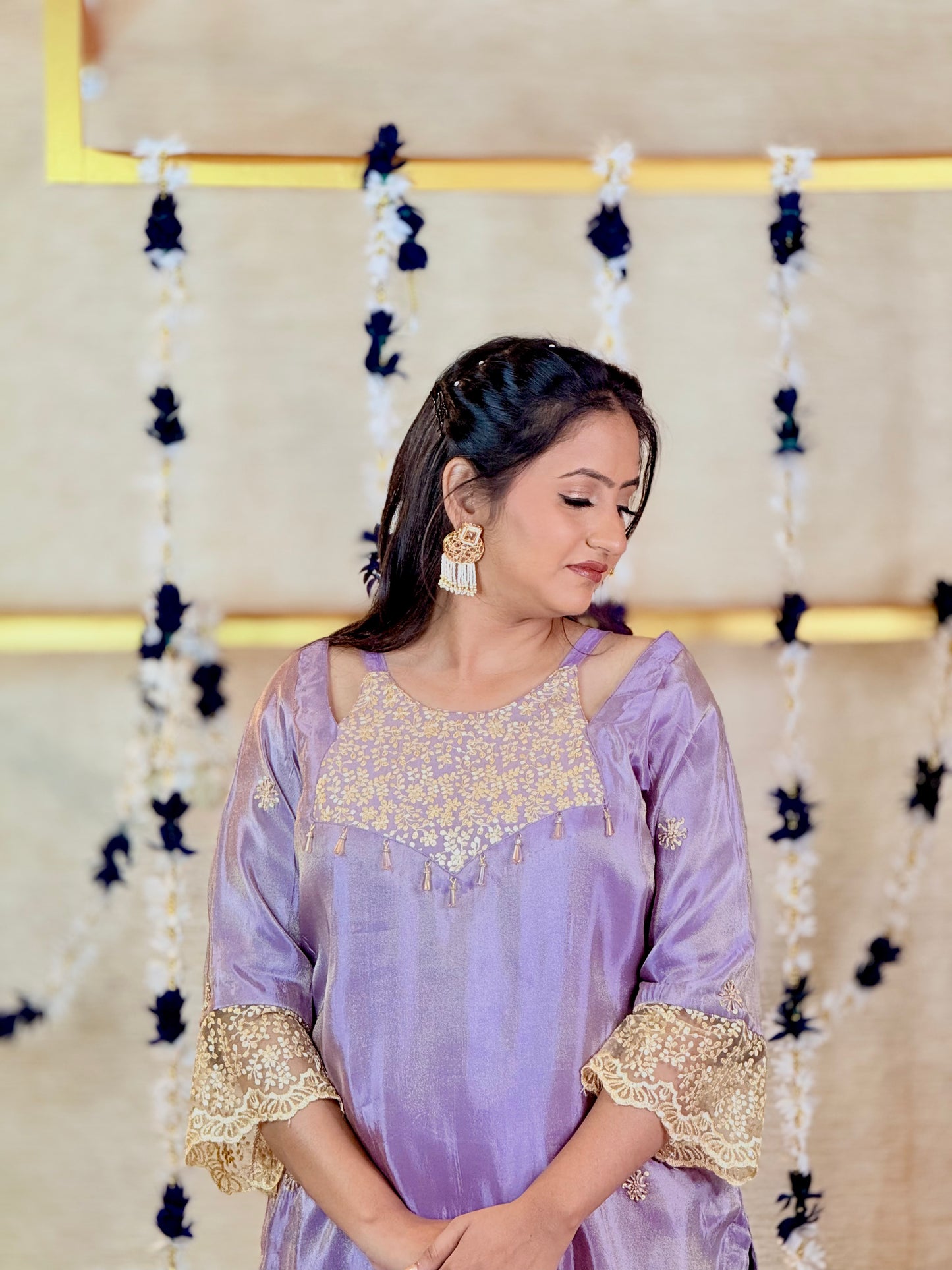 Lavender Kurta Set with Golden Embroidery and Palazzo