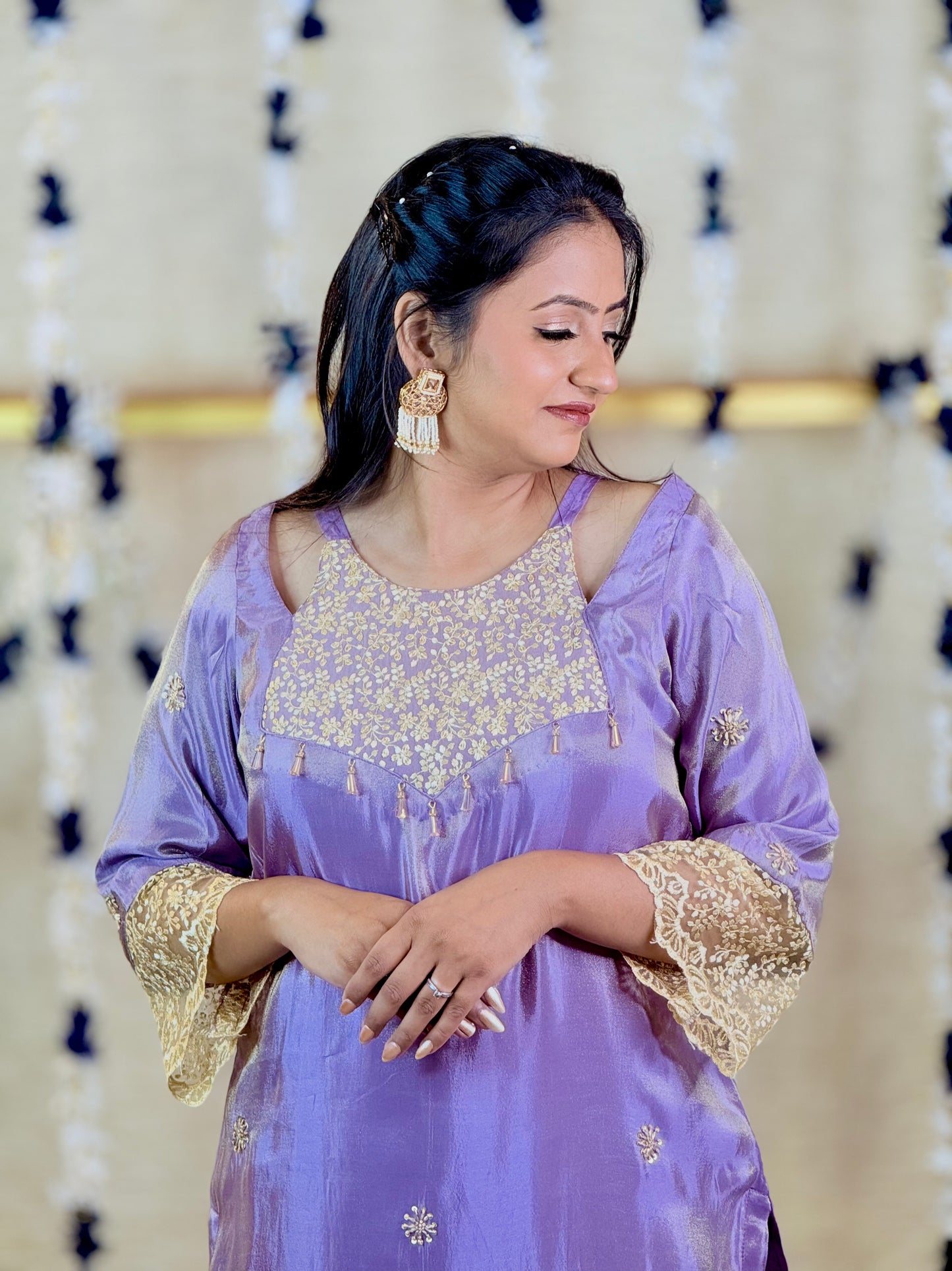 Lavender Kurta Set with Golden Embroidery and Palazzo
