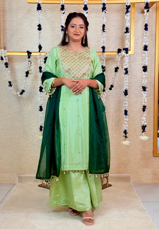 Pista Green Kurta Set with Bottle Green Dupatta