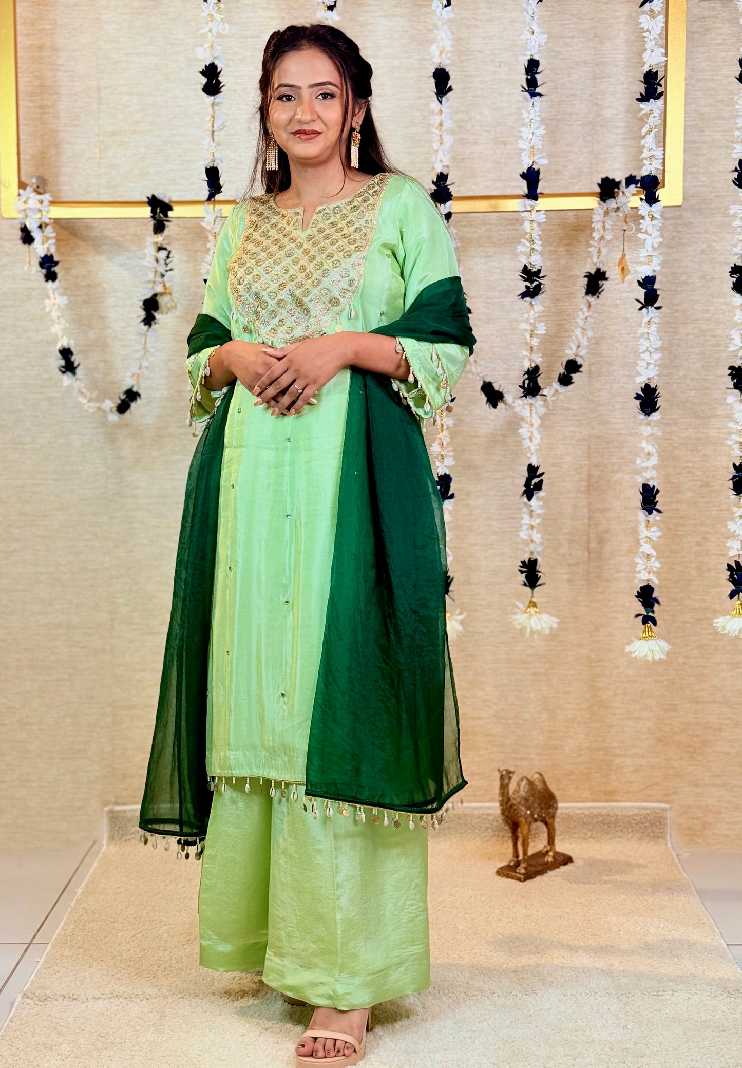 Pista Green Kurta Set with Bottle Green Dupatta