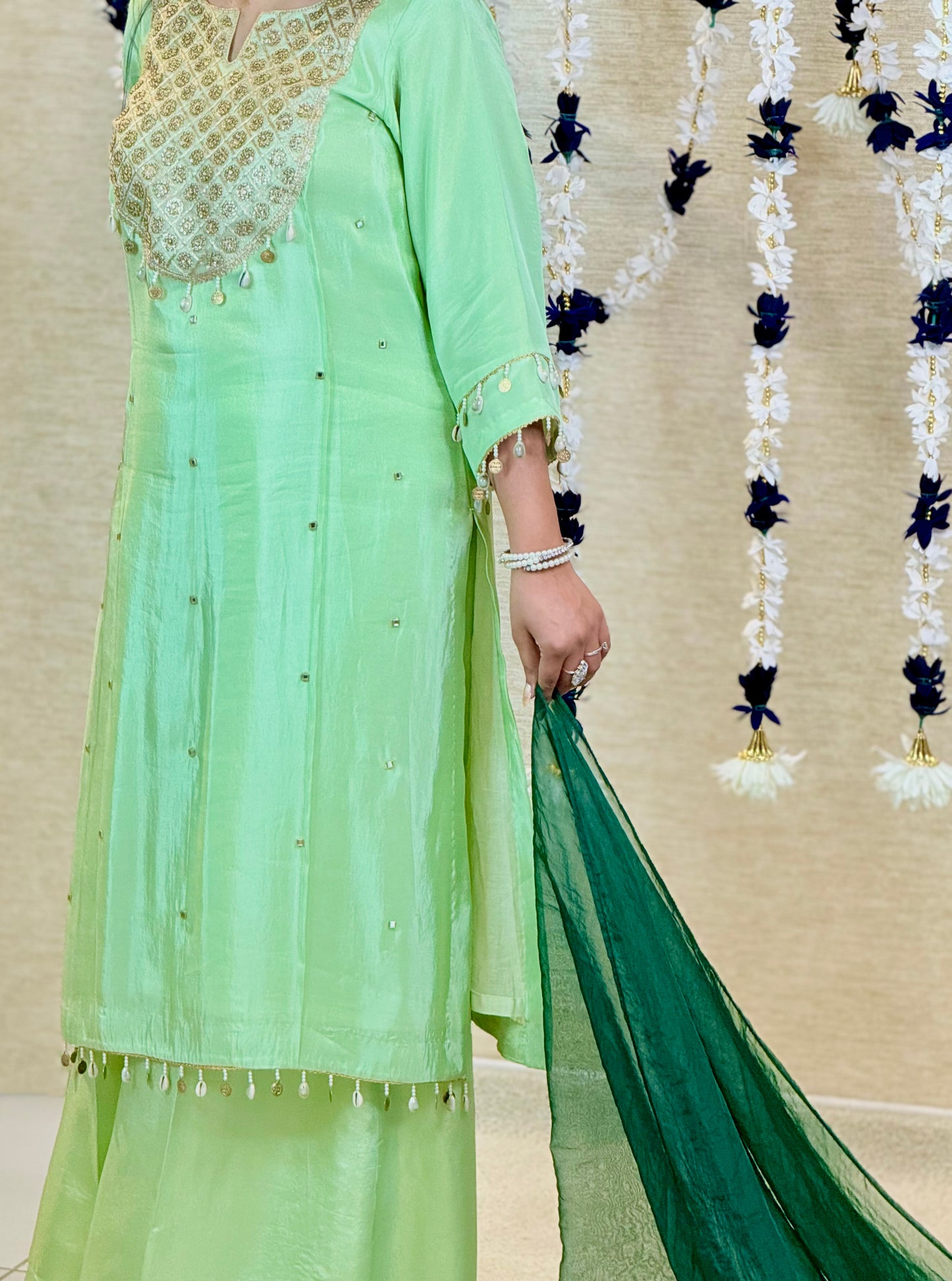 Pista Green Kurta Set with Bottle Green Dupatta