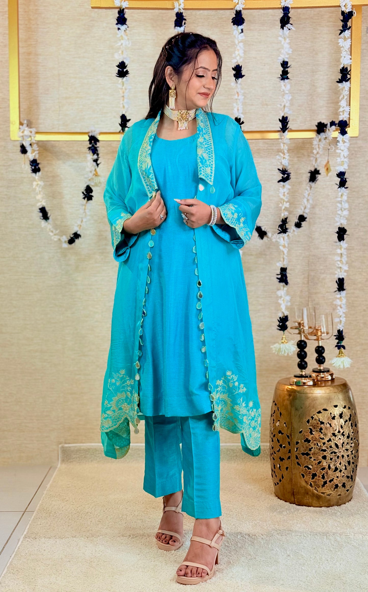 Aqua Blue Plain Kurta Set with Embroidered Long Shrug