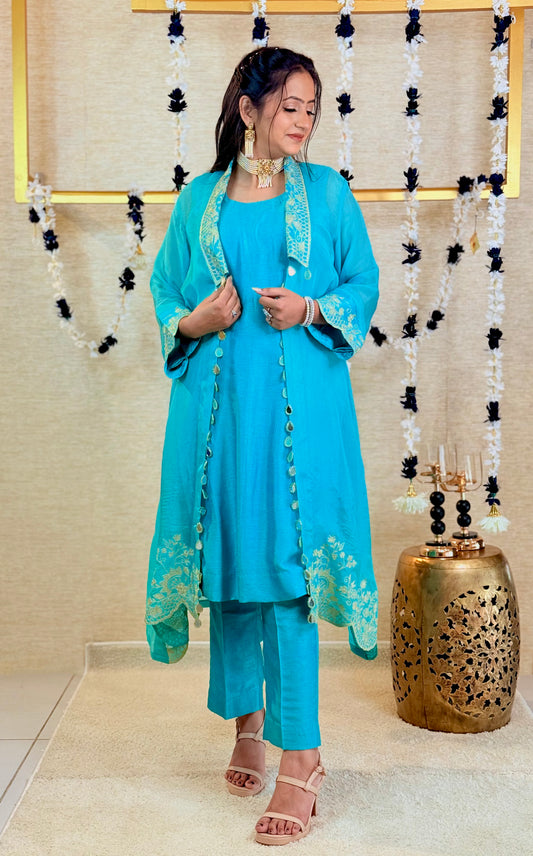 Aqua Blue Plain Kurta Set with Embroidered Long Shrug