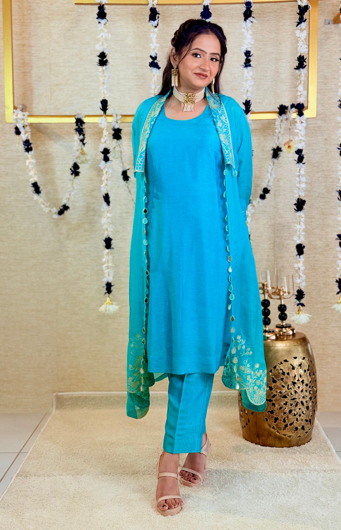 Aqua Blue Plain Kurta Set with Embroidered Long Shrug