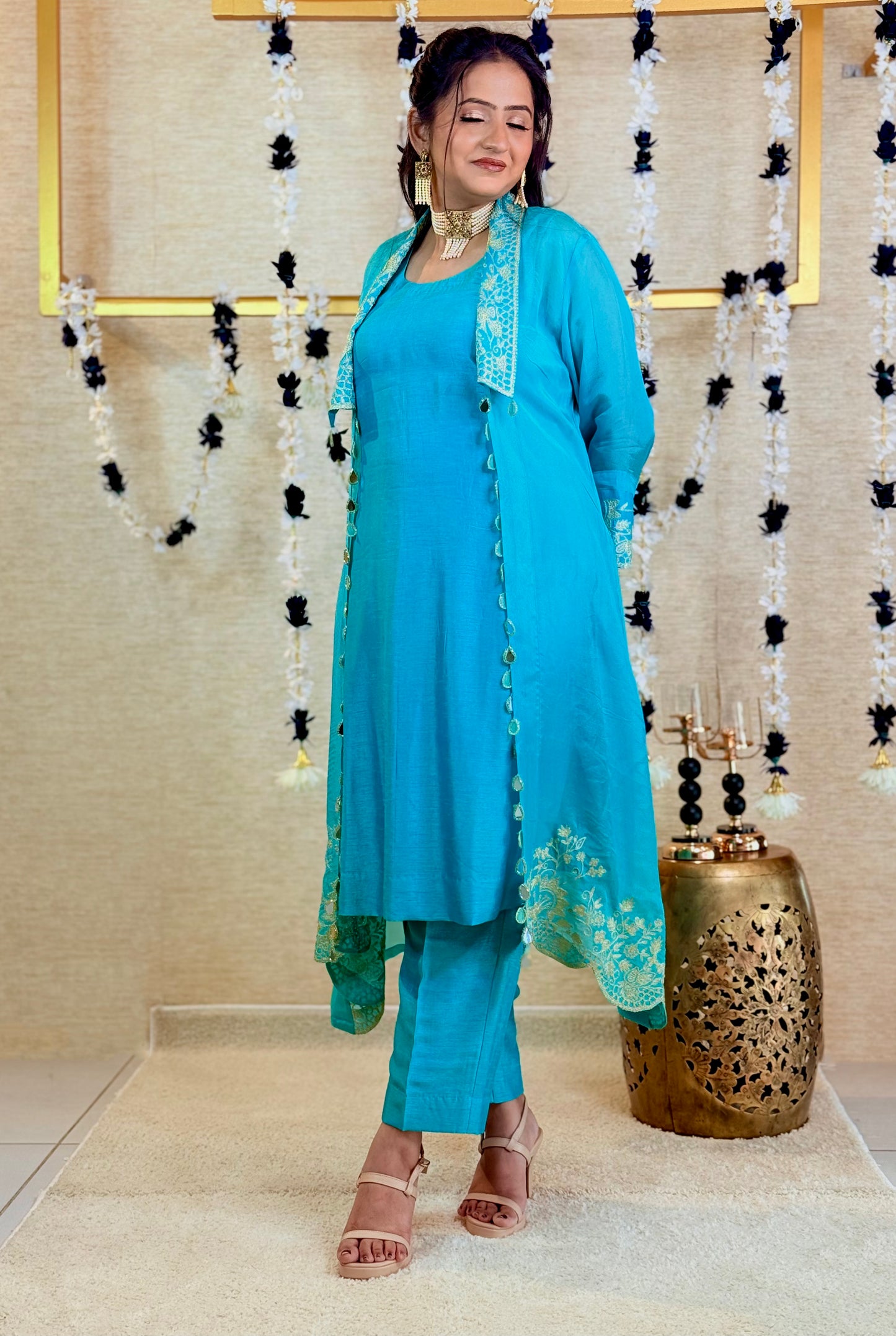Aqua Blue Plain Kurta Set with Embroidered Long Shrug