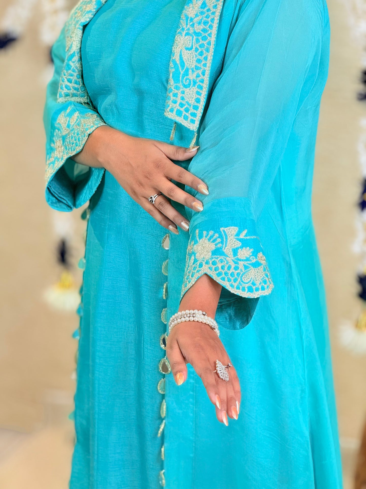 Aqua Blue Plain Kurta Set with Embroidered Long Shrug