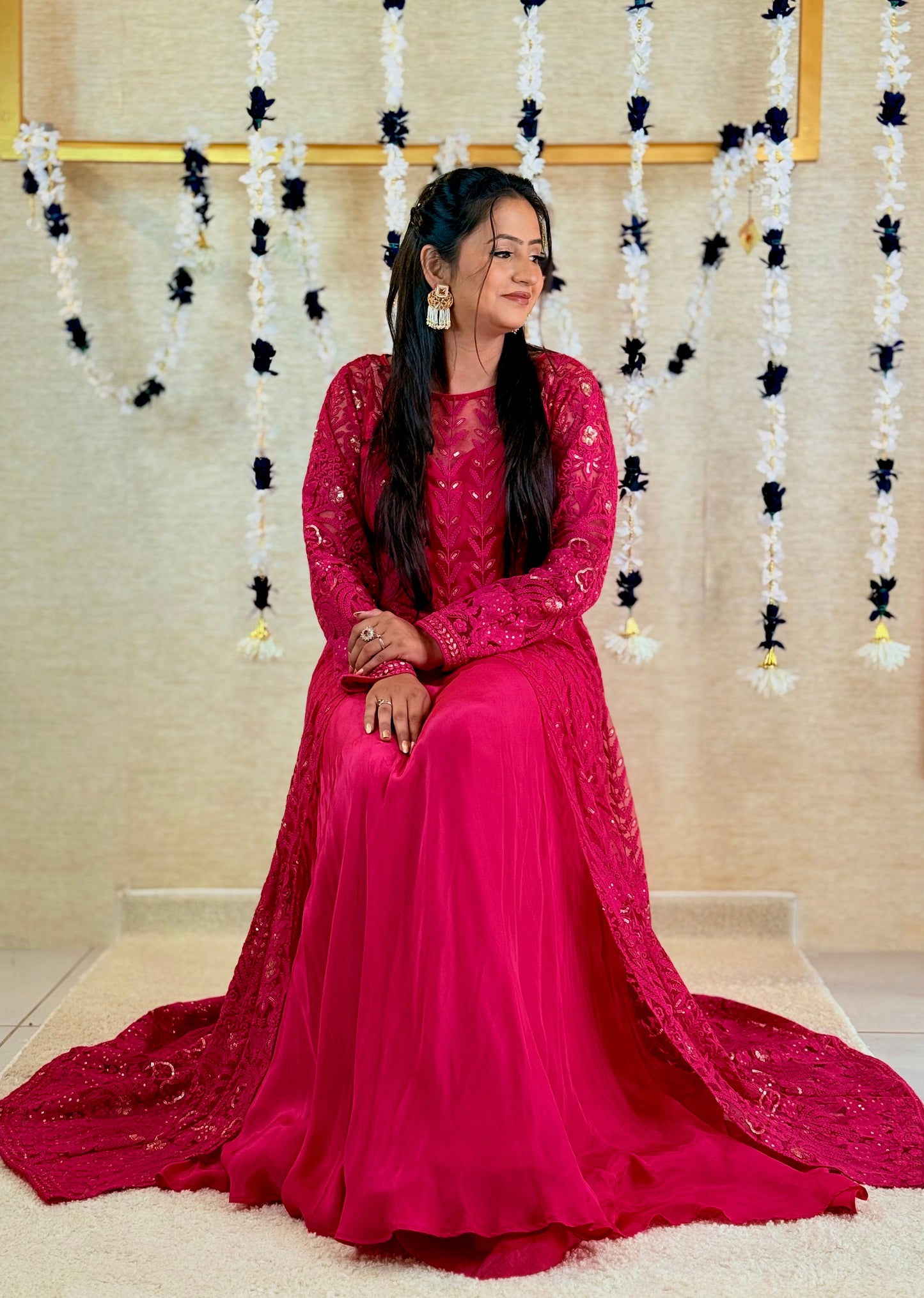 Magenta Pink Achkan-Style Embroidered Long Kurta with Skirt