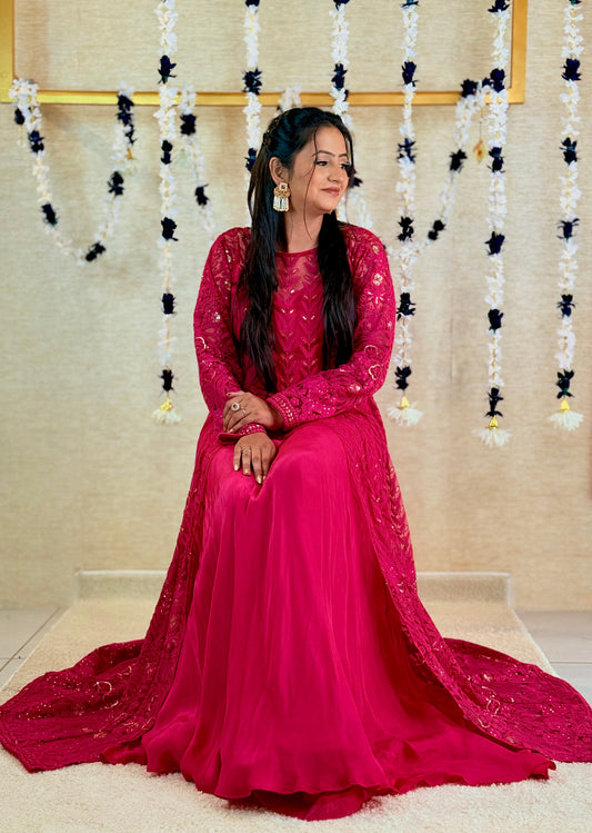 Magenta Pink Achkan-Style Embroidered Long Kurta with Skirt