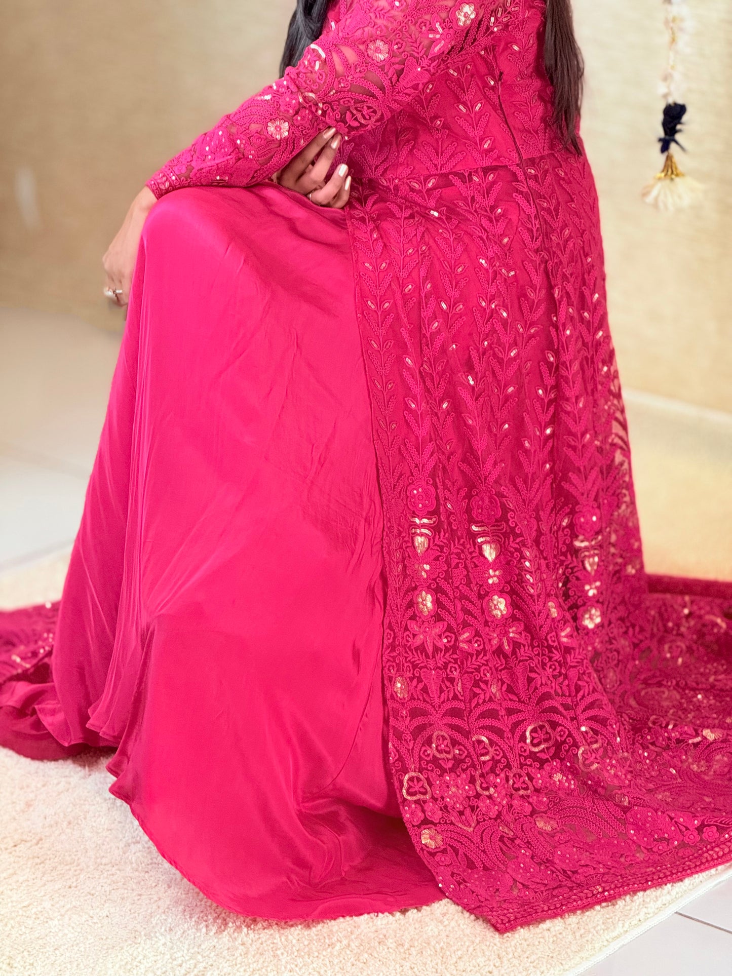 Magenta Pink Achkan-Style Embroidered Long Kurta with Skirt