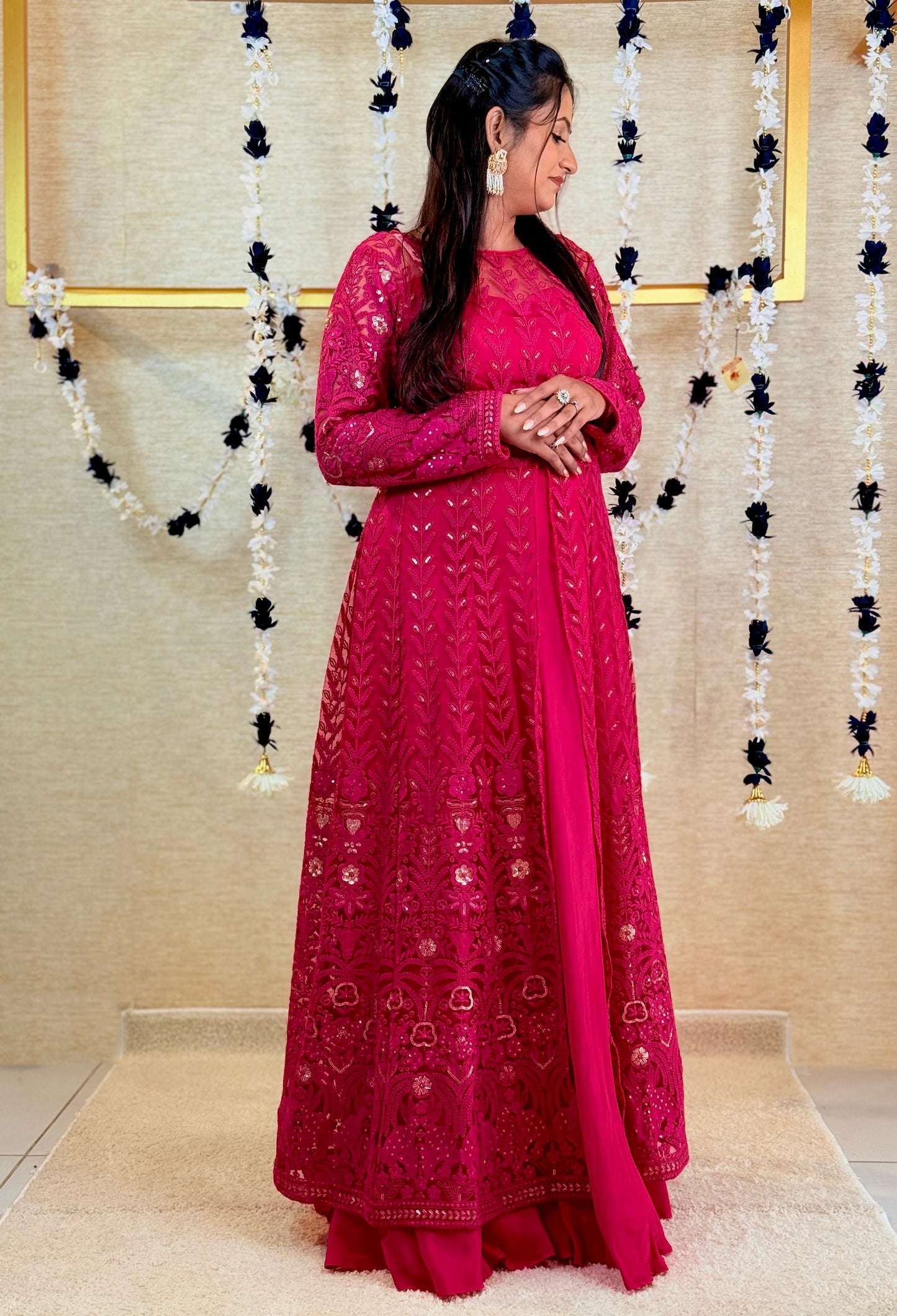 Magenta Pink Achkan-Style Embroidered Long Kurta with Skirt