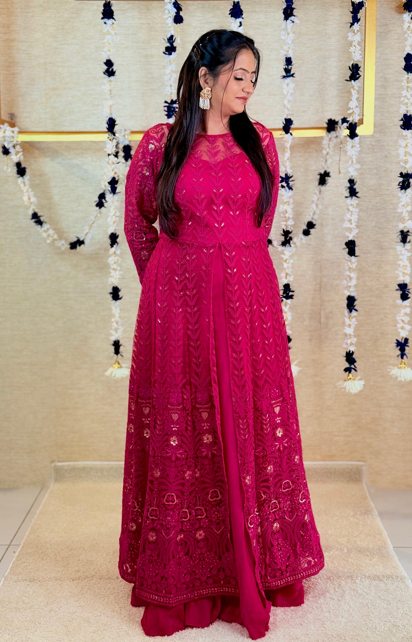 Magenta Pink Achkan-Style Embroidered Long Kurta with Skirt