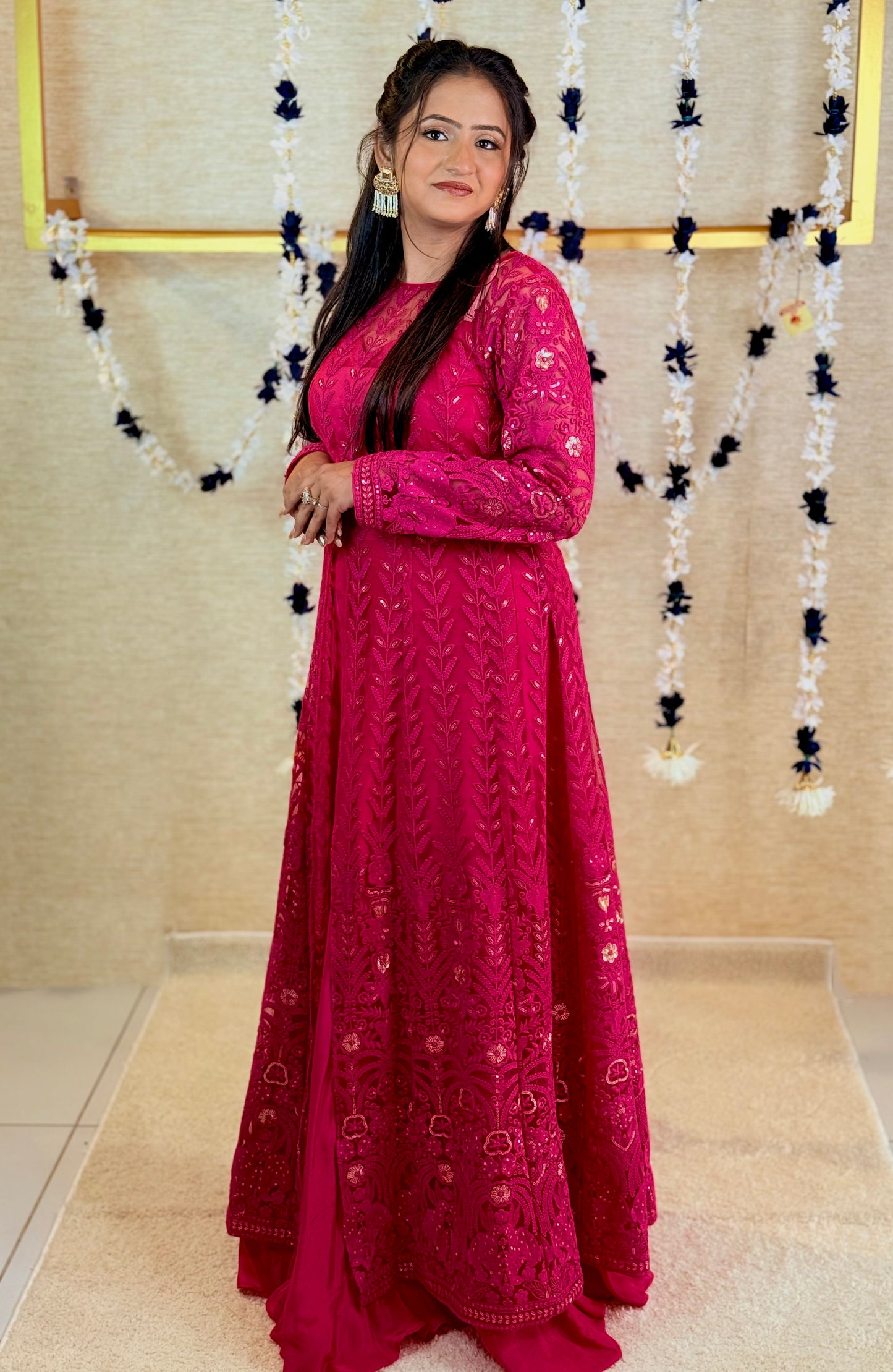 Magenta Pink Achkan-Style Embroidered Long Kurta with Skirt