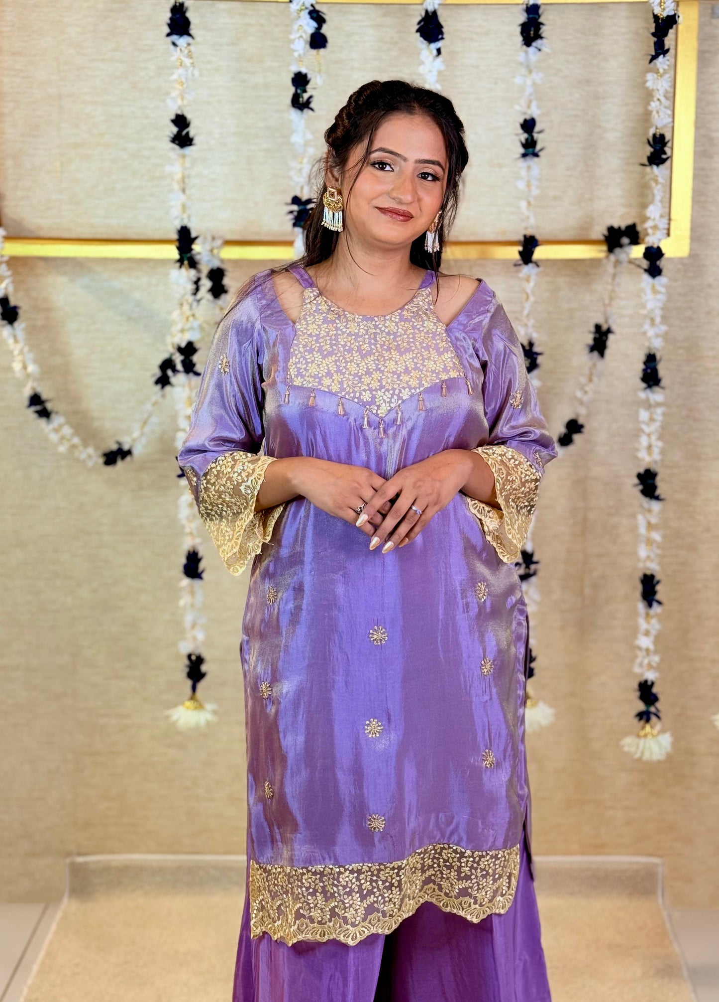Lavender Kurta Set with Golden Embroidery and Palazzo