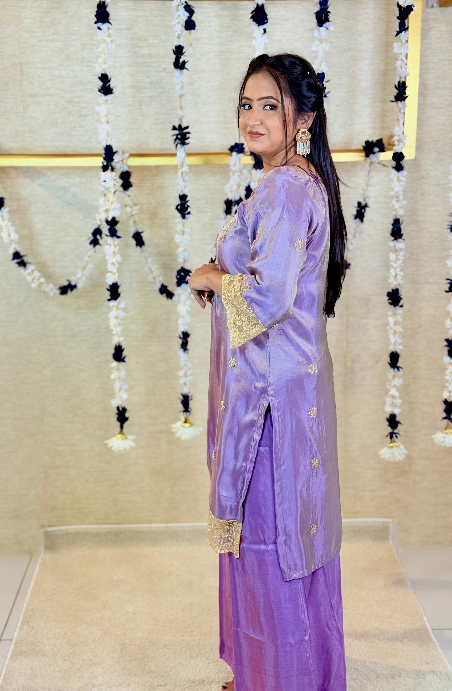 Lavender Kurta Set with Golden Embroidery and Palazzo