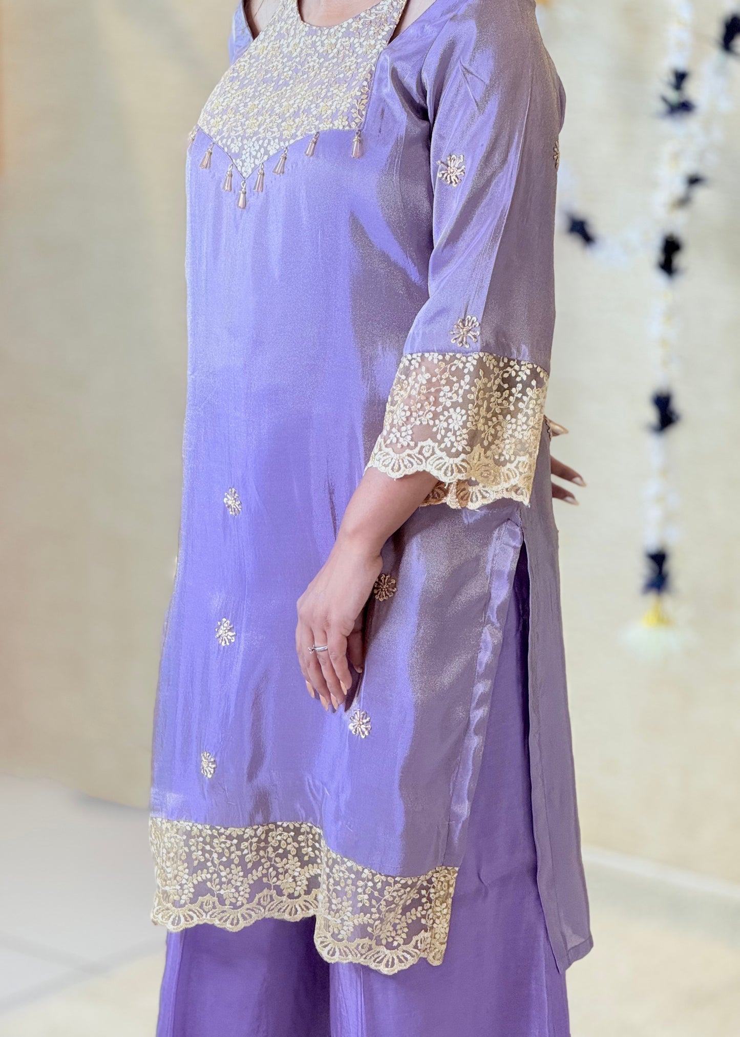 Lavender Kurta Set with Golden Embroidery and Palazzo