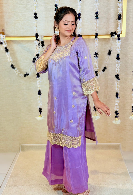 Lavender Kurta Set with Golden Embroidery and Palazzo
