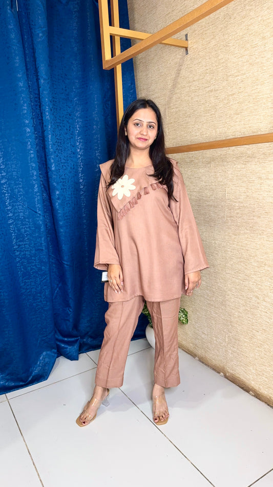 Blush Nude Co-Ord Set with Floral Appliqué Detail