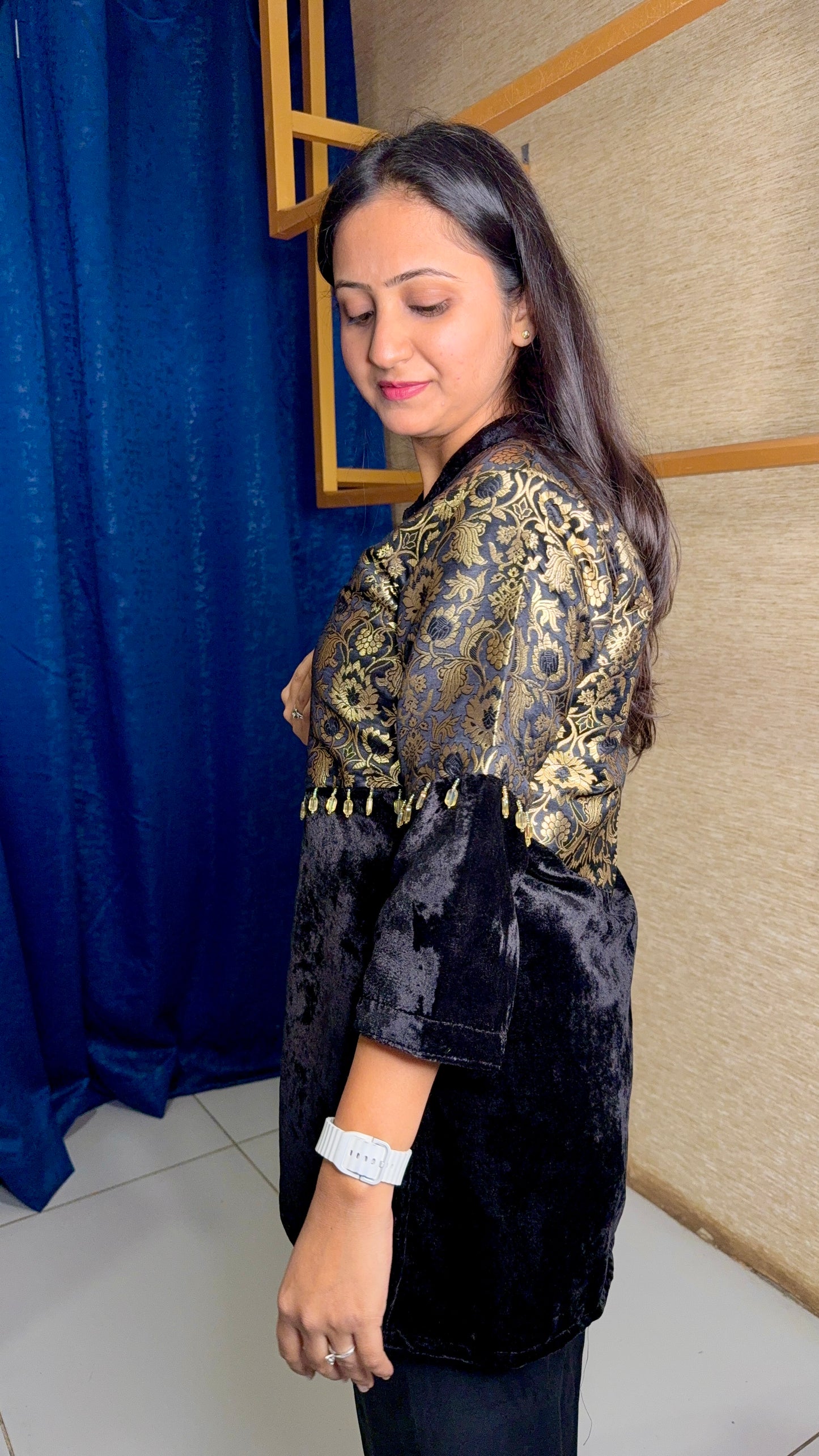Black Velvet Coord Set with Antique Gold Brocade Yoke