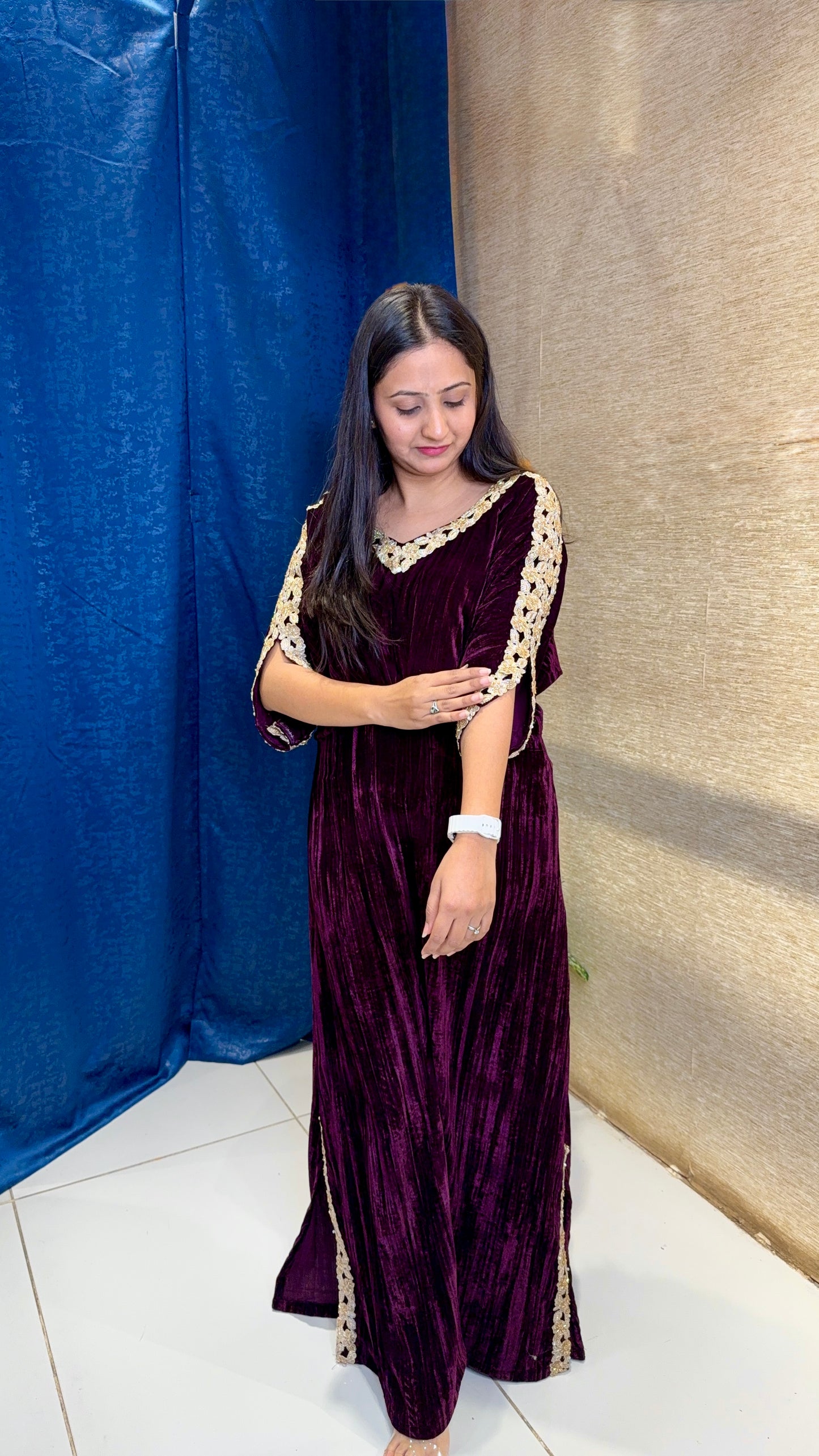 Wine Velvet Kaftan Kurta with Gold Lace Detailing