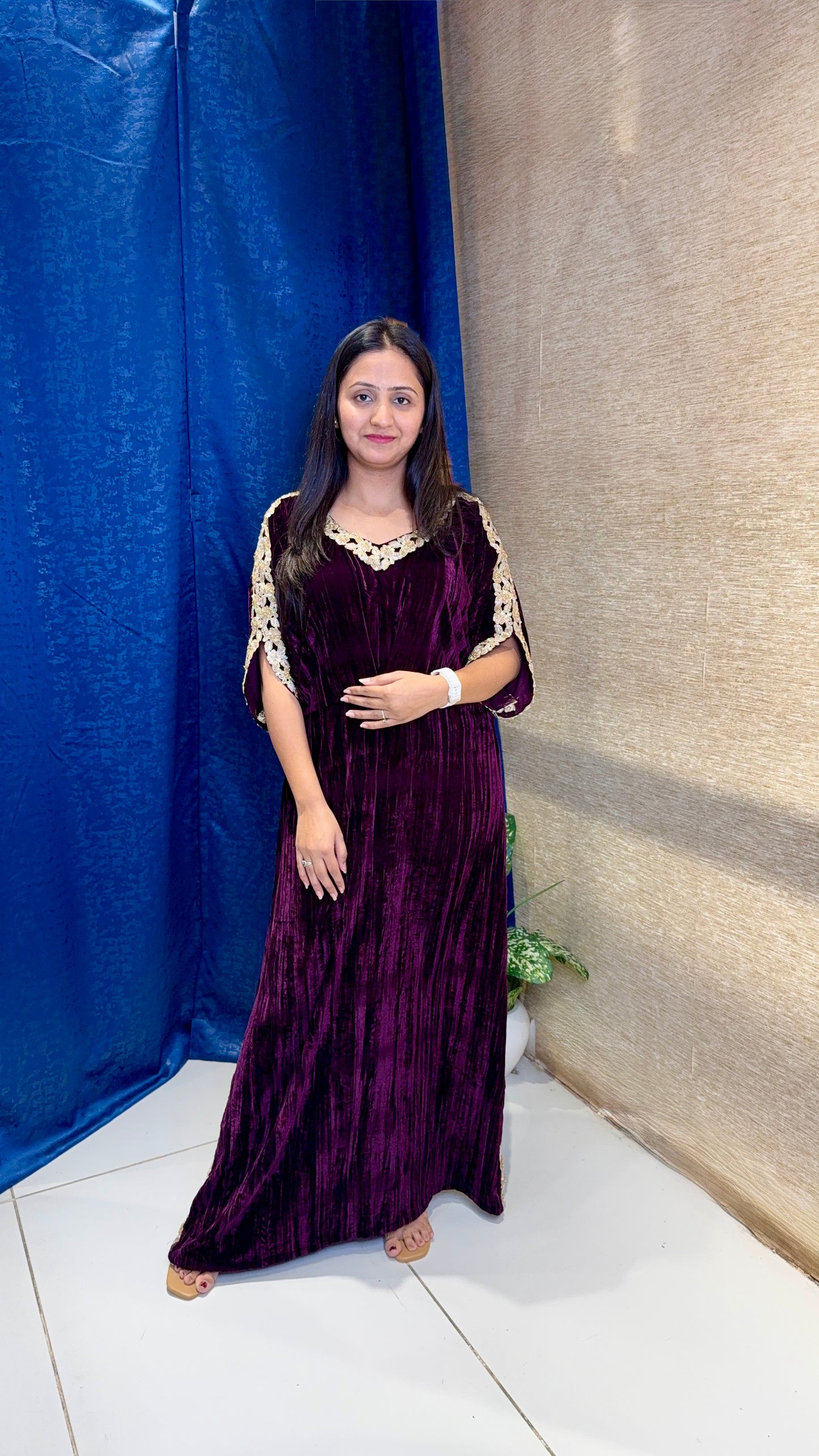 Wine Velvet Kaftan Kurta with Gold Lace Detailing