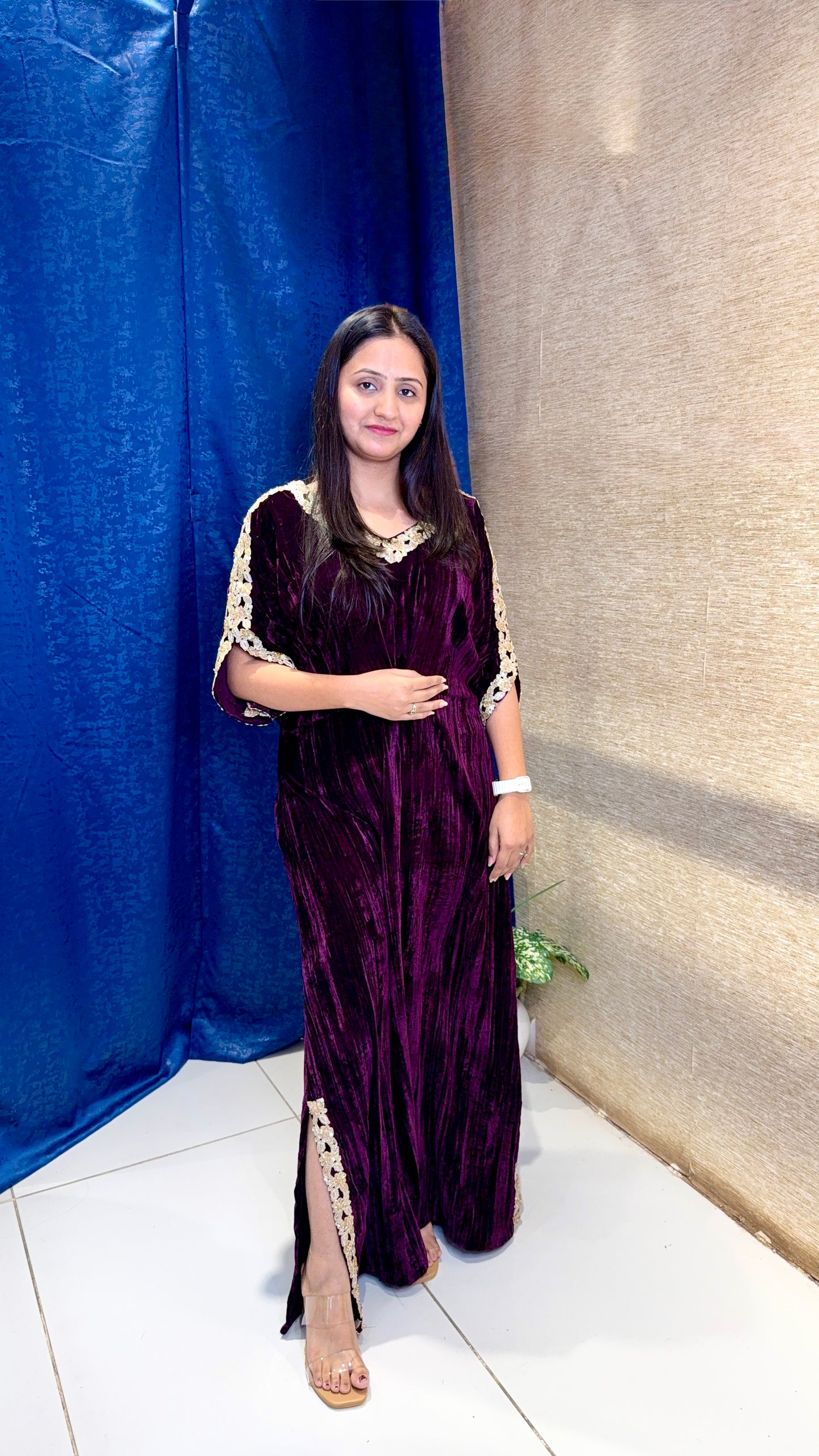 Wine Velvet Kaftan Kurta with Gold Lace Detailing