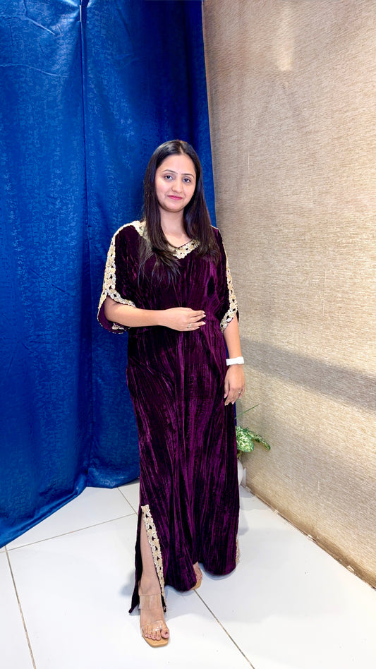 Wine Velvet Kaftan Kurta with Gold Lace Detailing