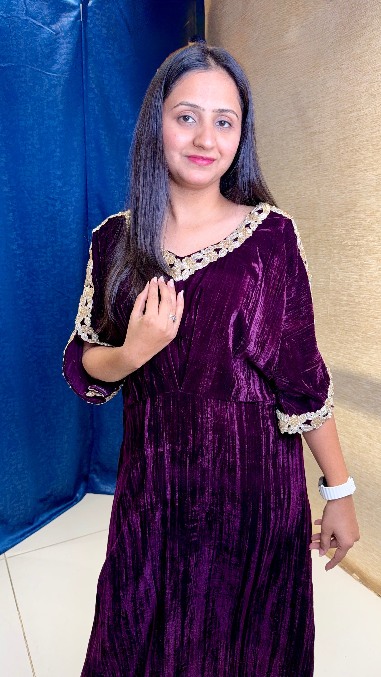 Wine Velvet Kaftan Kurta with Gold Lace Detailing