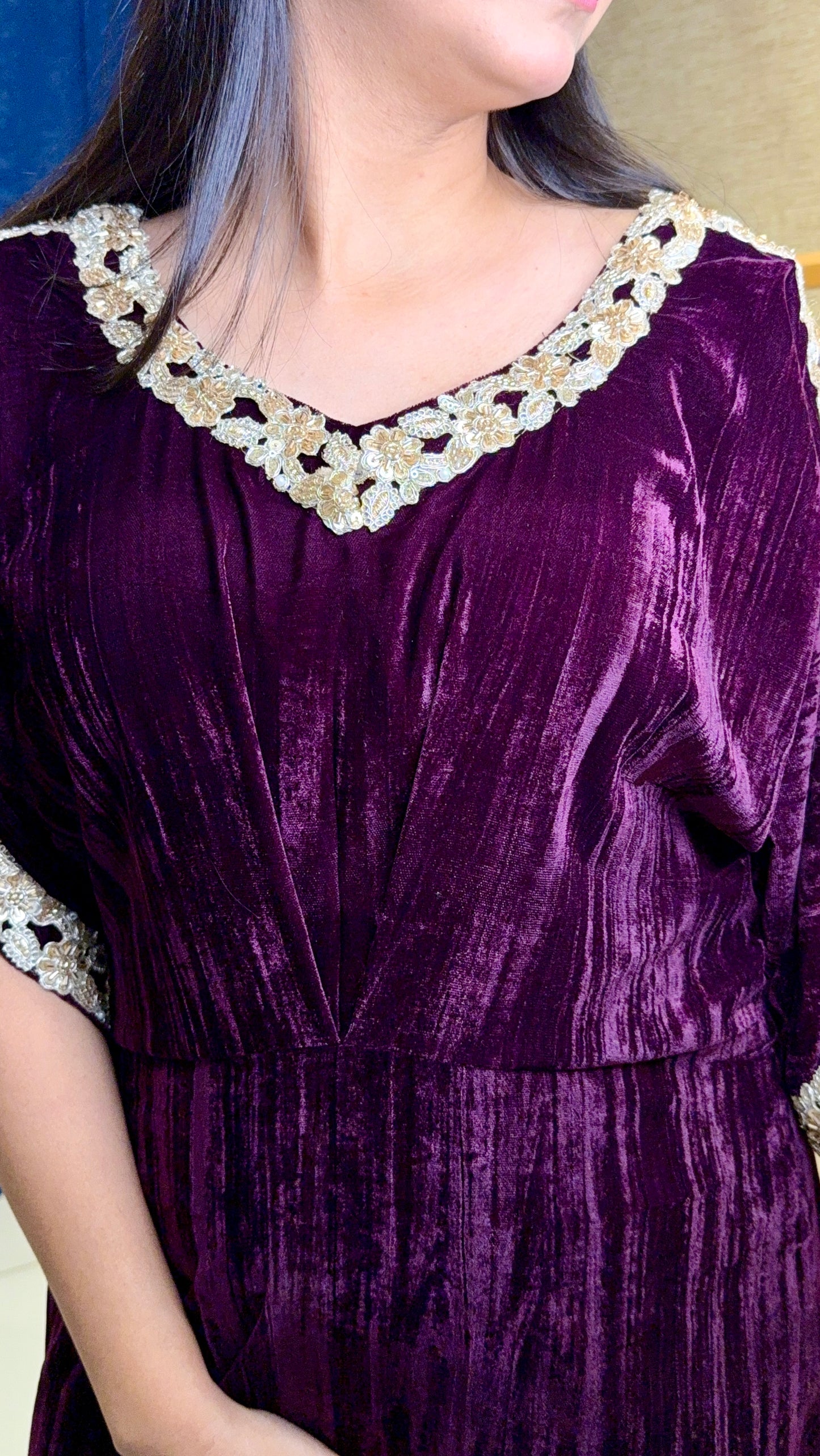 Wine Velvet Kaftan Kurta with Gold Lace Detailing