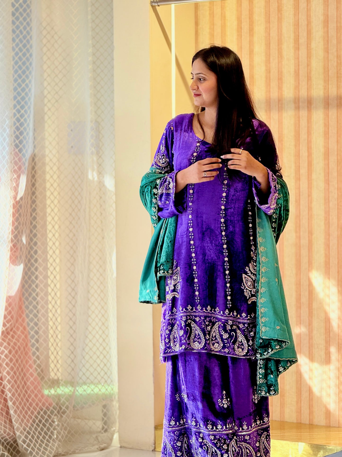 Royal Purple Festive Suit Set with Emerald Dupatta