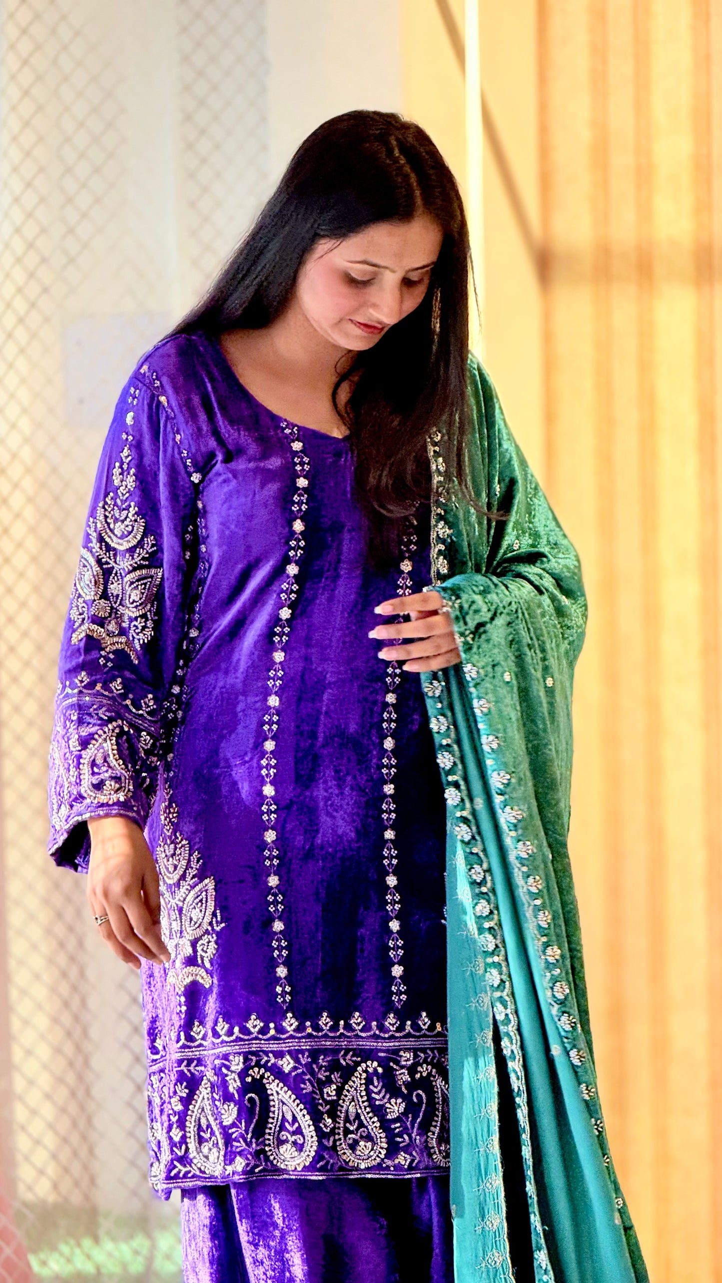 Royal Purple Festive Suit Set with Emerald Dupatta