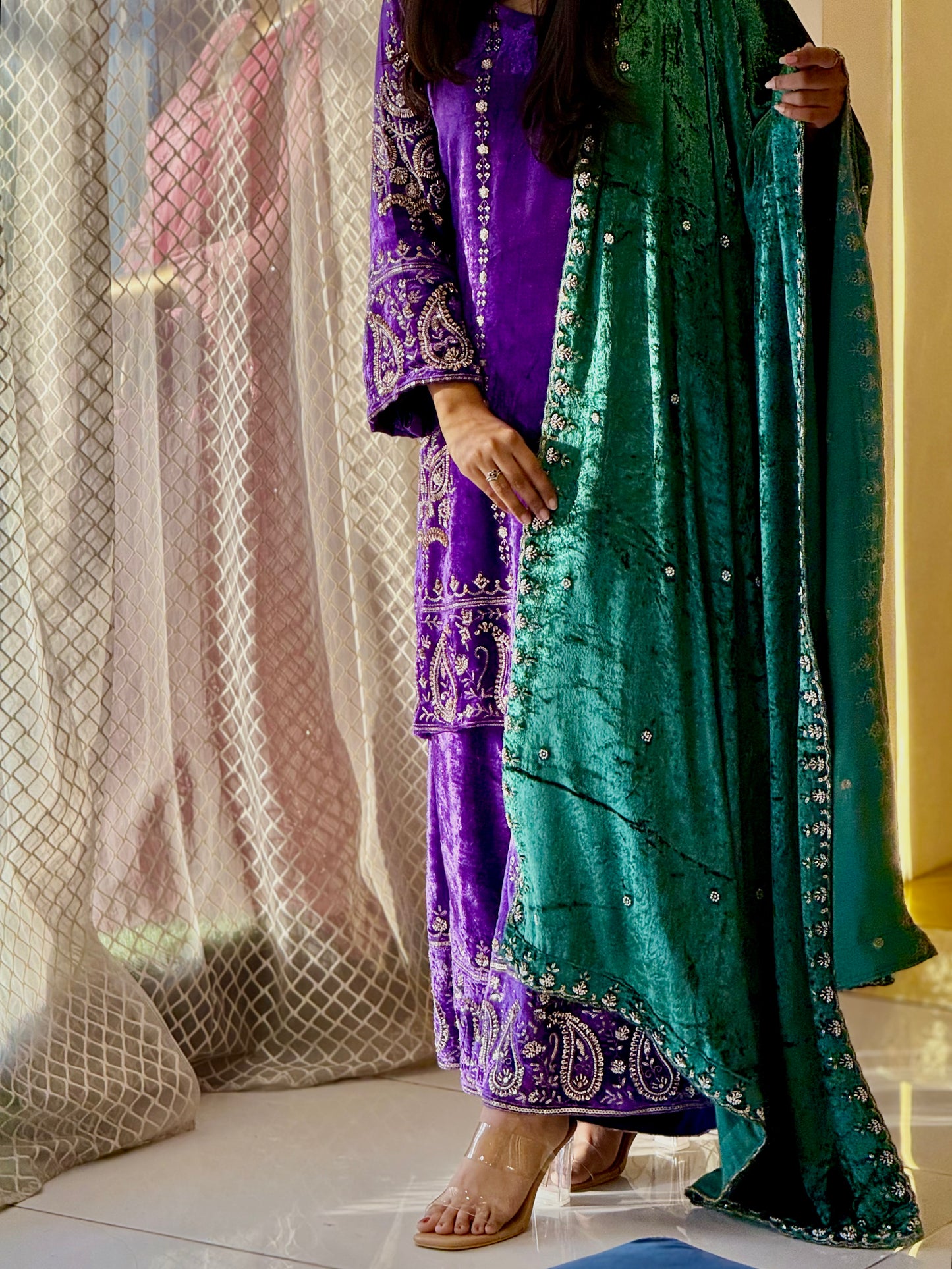 Royal Purple Festive Suit Set with Emerald Dupatta