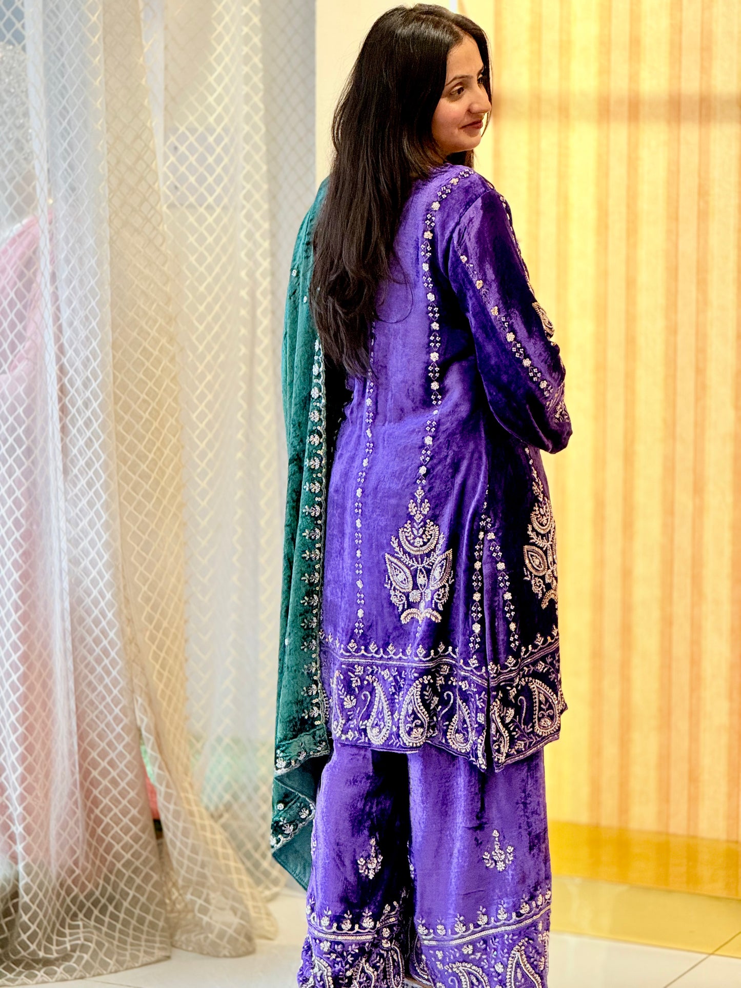 Royal Purple Festive Suit Set with Emerald Dupatta